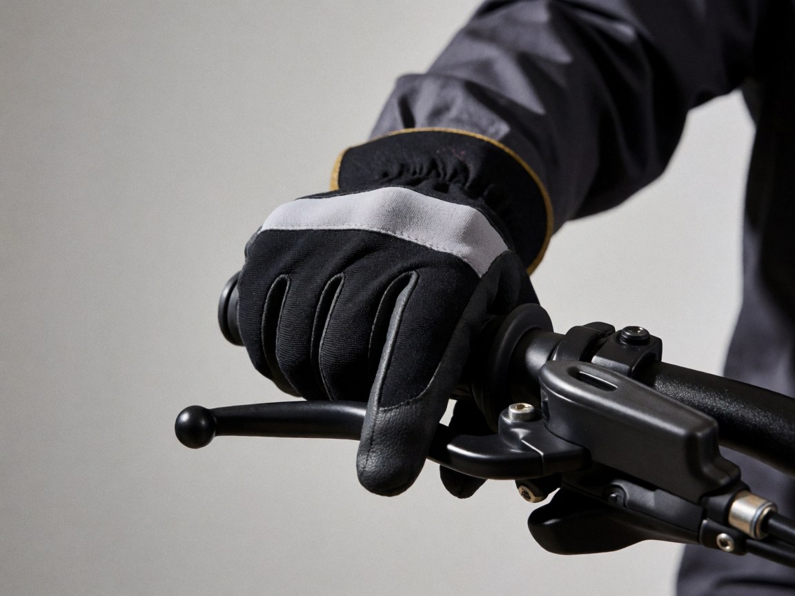 Close-up of a hand wearing a black and gray glove gripping a bicycle handlebar against a gray wall background