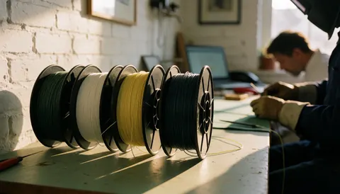 Four colorful string spools on a work table in a workshop with white brick wall and warm lighting, a worker with gloves is working in the background.