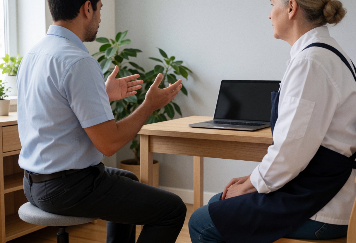 A professional consultation scene featuring a laptop on a wooden table and green plants in a bright, modern office setting.