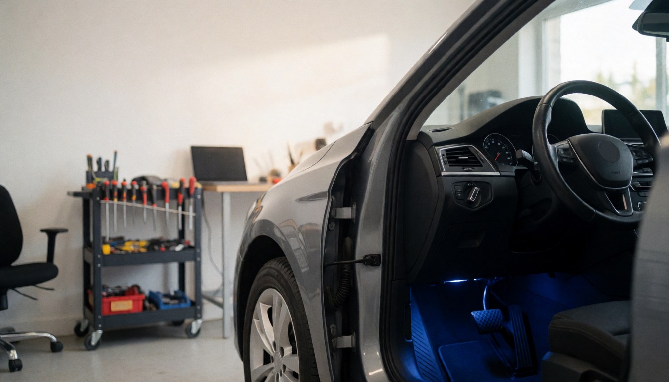 Car interior illuminated with blue lights in a workshop, featuring tools on a cart and an office chair in the background.