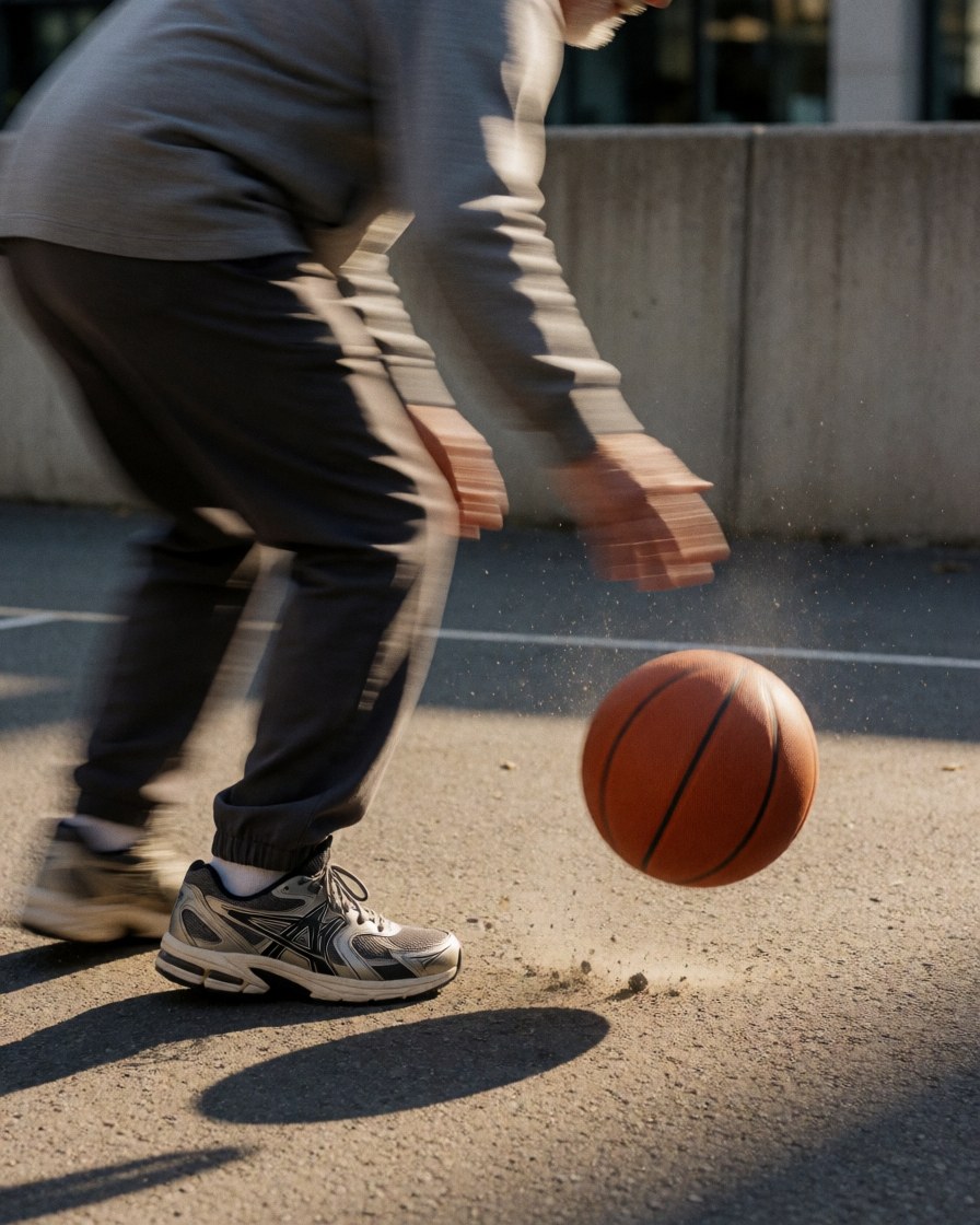 An adult dribbles a basketball on an outdoor asphalt court with dynamic motion and realistic details.