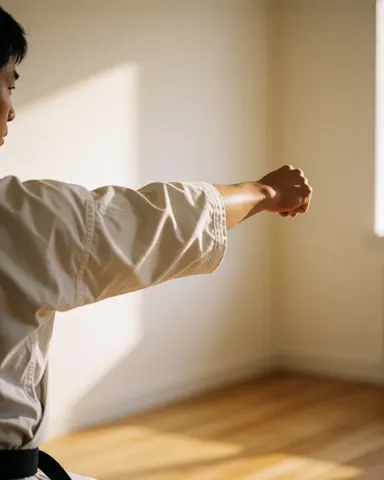 An adult wearing a white gi and black belt practices karate with a closed fist in a dojo with cream walls and light wood floor.
