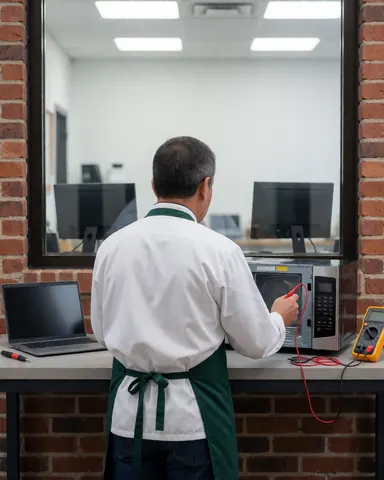 Technician inspecting a microwave oven using a multimeter in a workshop with visible tools and brick wall
