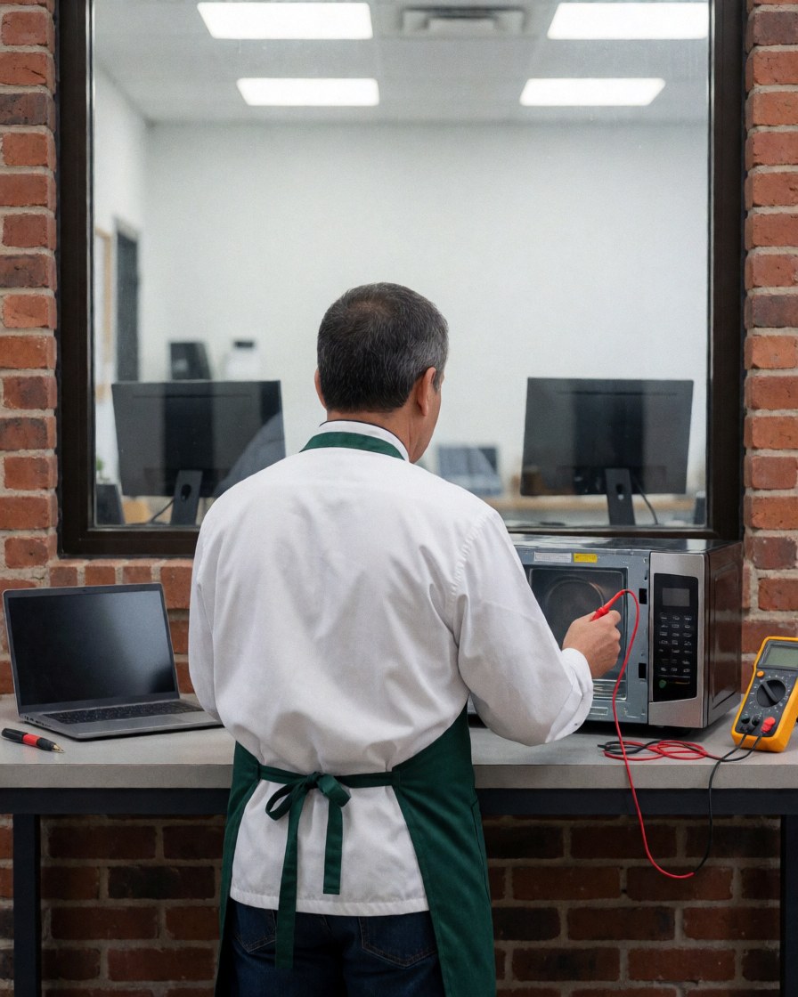 Technician inspecting a microwave oven using a multimeter in a workshop with visible tools and brick wall