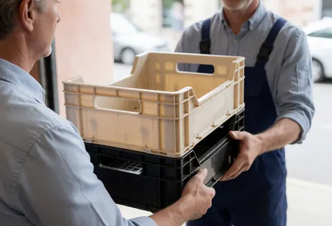A logistics worker accepts empty cardboard boxes from a store employee during the last-mile delivery process at the loading area.