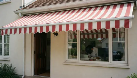 Red and white striped awning mounted on a house exterior with a person working inside visible through the window