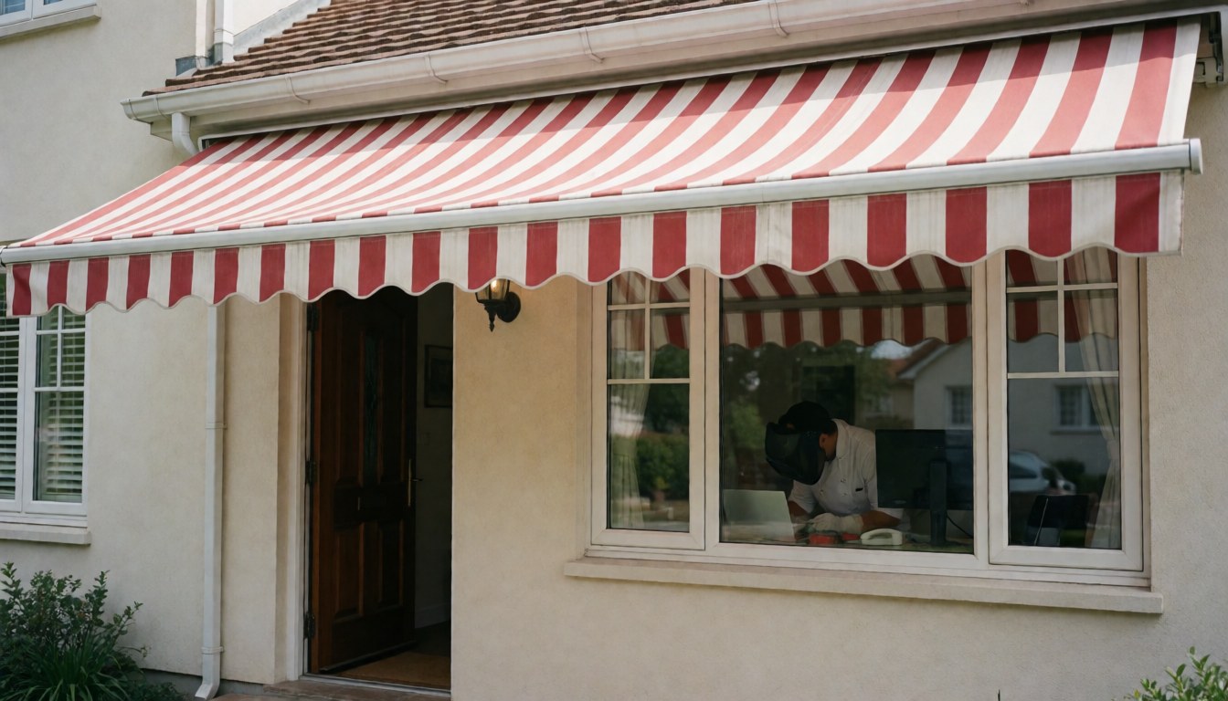 Red and white striped awning mounted on a house exterior with a person working inside visible through the window
