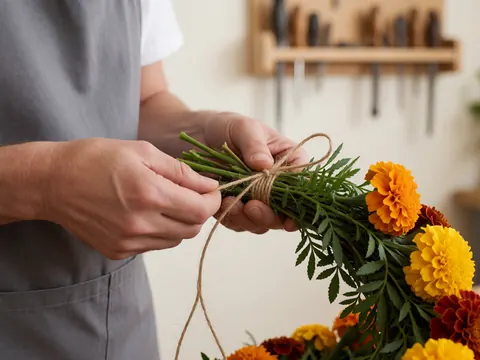 Hands tying a marigold bouquet with natural twine in a florist workshop with tools on a shelf and warm white walls