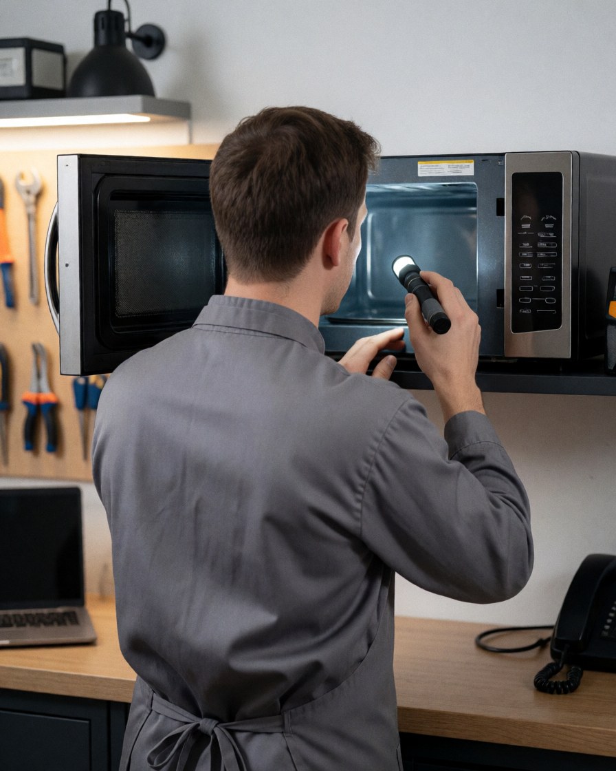 Technician in gray apron inspects open microwave interior with flashlight, tools on wall, appliance repair scene