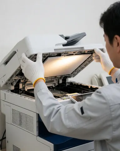 Technician wearing gloves lifts the lid of a white copier, revealing internal light, white walls, professional repair scene