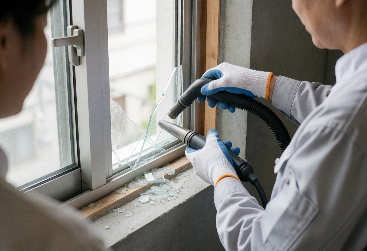 Technician removing broken glass fragments with a suction tool from a white window frame against a concrete wall.