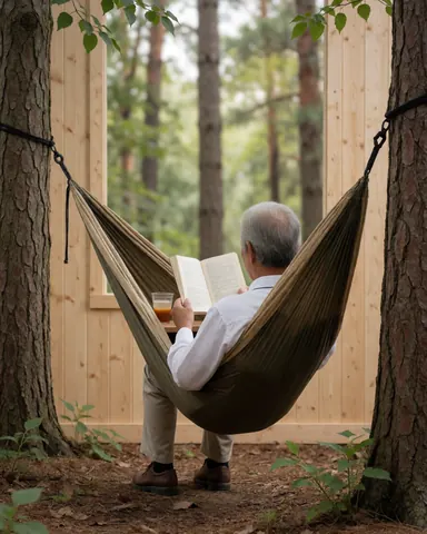 A man reads a book in a hammock between two trees with a drink nearby in a wooden forest setting.