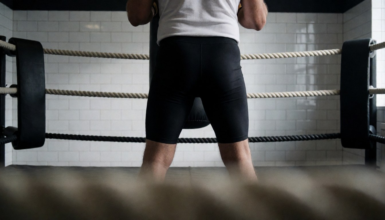 Person standing with back to camera in a boxing ring with white tiled walls, suitable for gym or boxing academy website hero image