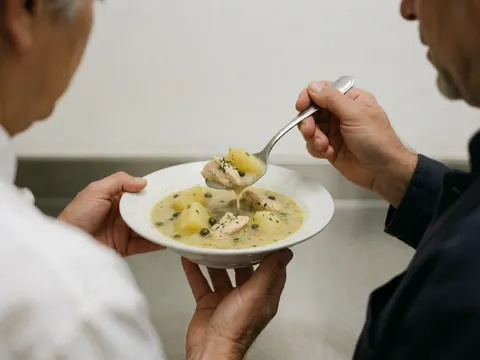 A person serves chicken and potato soup in a white pot with herbs in a clean modern kitchen