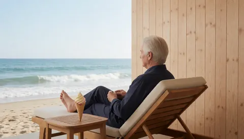 A man relaxes on a beach chair facing the ocean while enjoying a melting ice cream cone near light wooden walls.