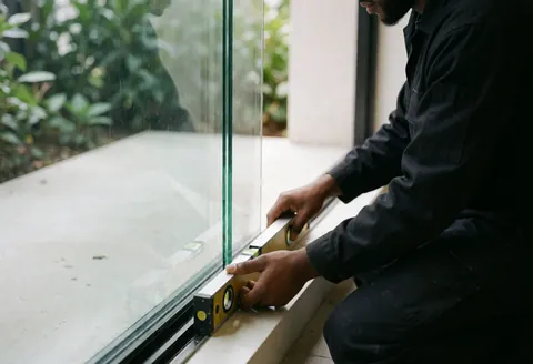 A glass installer adjusts a large glass panel outdoors using a level, ensuring precise alignment amidst surrounding vegetation.