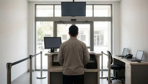 Back view of a ticket agent standing at an aquarium entrance booth facing a digital display screen and stanchions, illustrating professional visitor service operations.