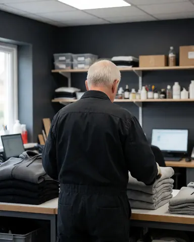 A worker inspects folded hoodies in a textile printing workshop with shelves and computers in the background.
