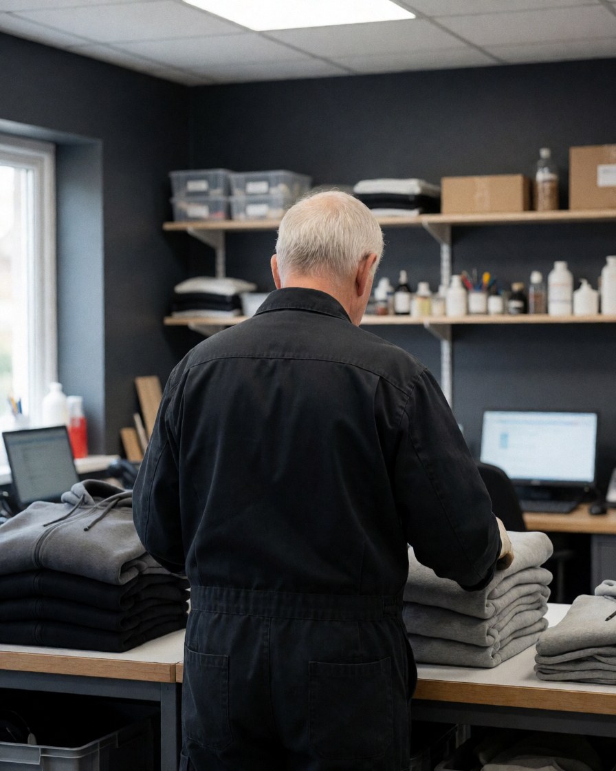 A worker inspects folded hoodies in a textile printing workshop with shelves and computers in the background.