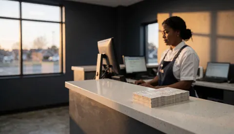 A public transport reception desk featuring a computer and tickets, illuminated by warm sunset light against gray carbon walls.