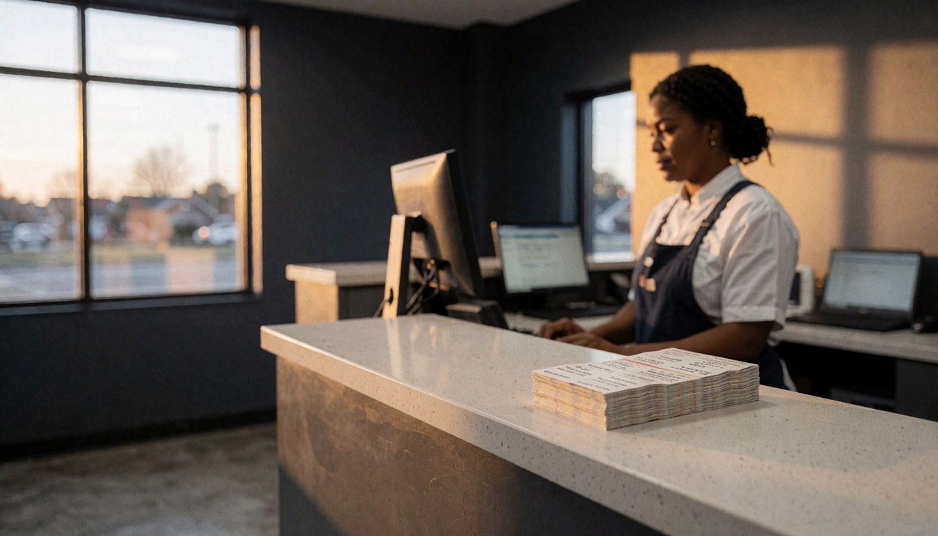 A public transport reception desk featuring a computer and tickets, illuminated by warm sunset light against gray carbon walls.