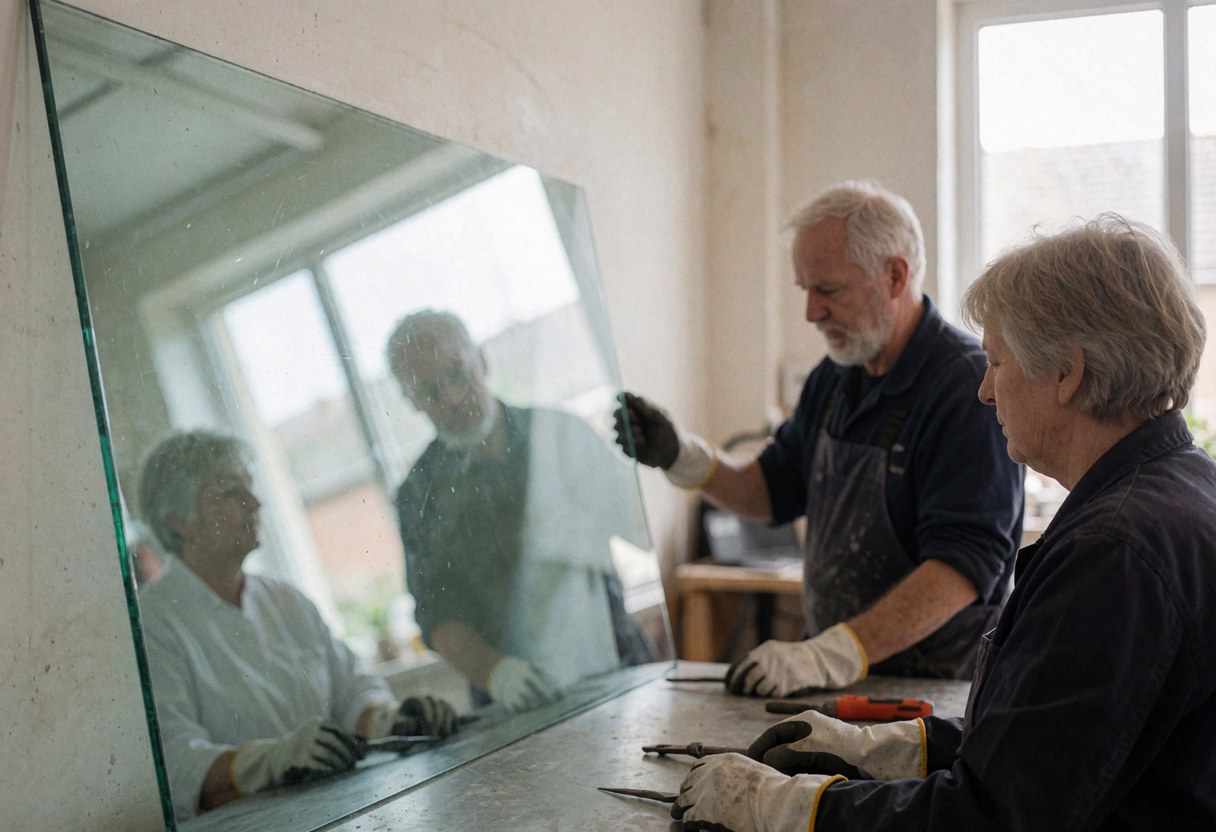 Two workers wearing gloves install a large laminated glass panel in a well-lit workshop with natural light