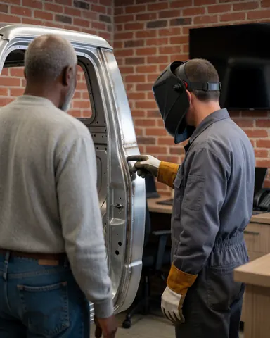 A client observes a worker pointing to a welded aluminum panel in a brick-walled industrial workshop.