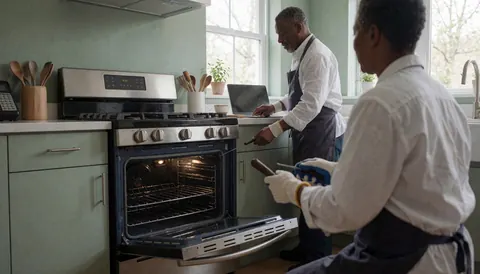 A technician wearing gloves repairs a modern oven with green walls and natural light, showing an open door during appliance service.