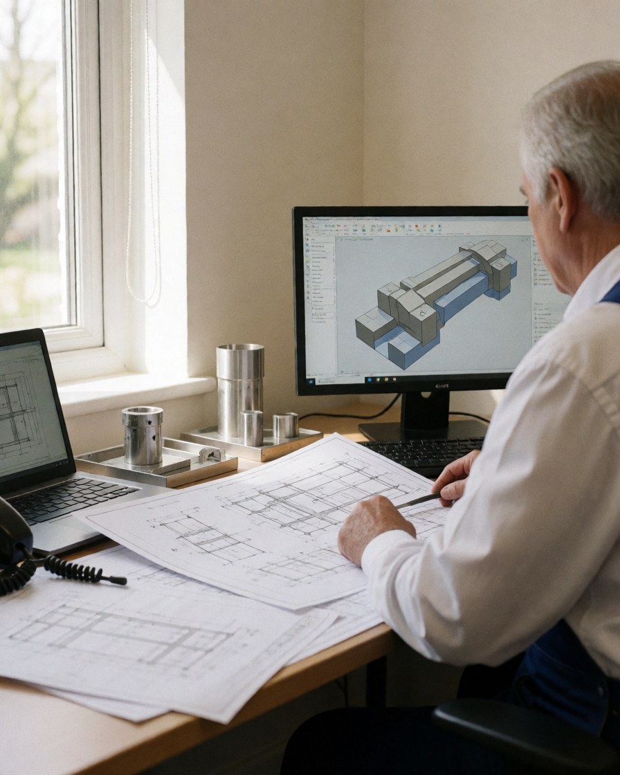 Engineer reviewing metal plans at desk with samples and natural light in industrial design studio