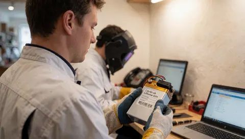 Technician checking a lithium battery with a label, laptop, and work equipment in a professional setting.