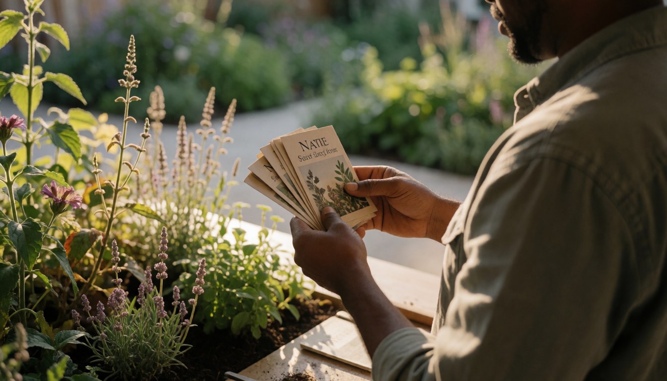 Close-up view of hands carefully examining a collection of native plant seeds for ecological gardening purposes