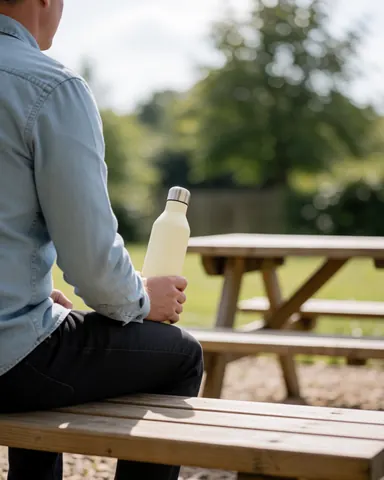 A person sitting on a wooden bench at a zoo holding a reusable bottle with picnic tables and trees in the background