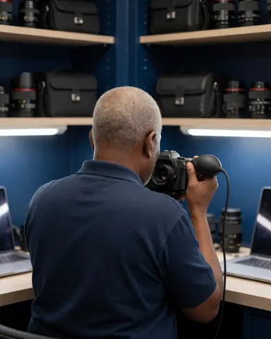Photographer inspecting a DSLR camera sensor using a bulb blower in a studio with lens shelves and blue walls