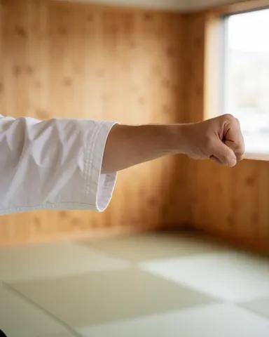 Fist of a karate student wearing a white gi, positioned over tatami mats in a dojo with wooden walls and natural light.