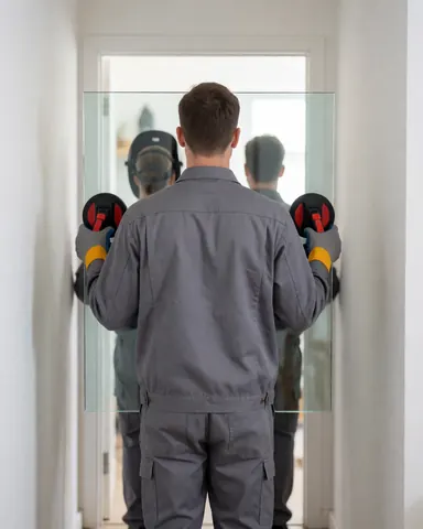 A glazier in a gray uniform carries a large glass panel using suction cups in a hallway with white walls.