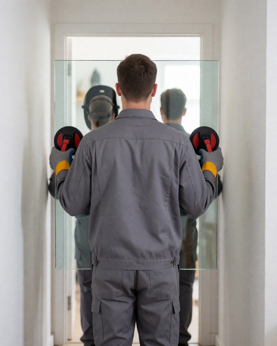 A glazier in a gray uniform carries a large glass panel using suction cups in a hallway with white walls.