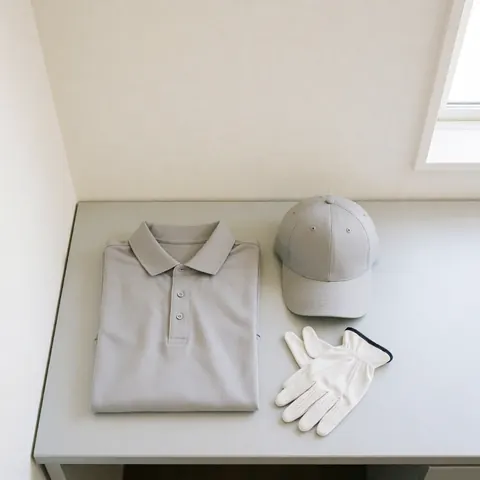 Golf gear including polo shirt, cap, and gloves arranged on a gray table against white walls