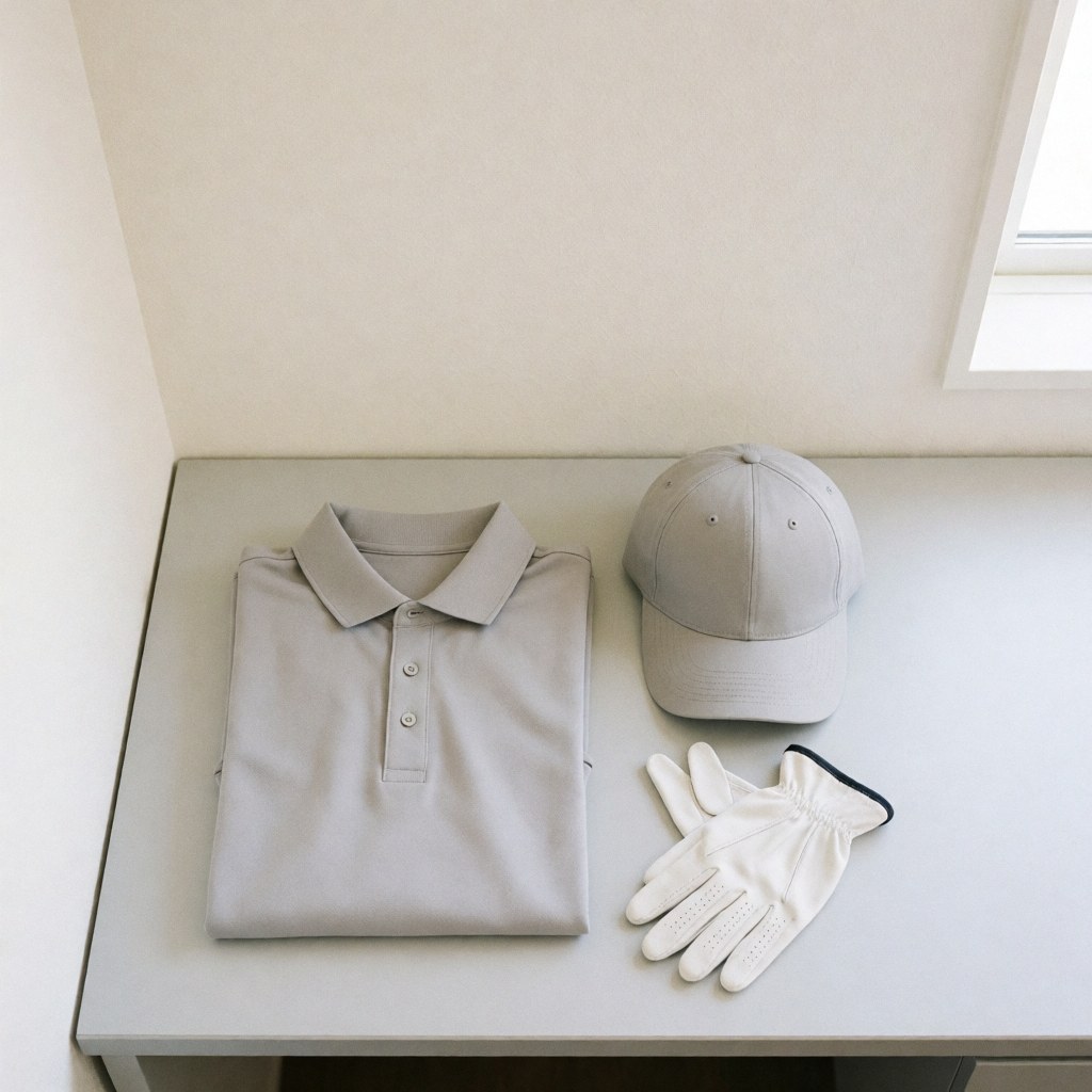 Golf gear including polo shirt, cap, and gloves arranged on a gray table against white walls