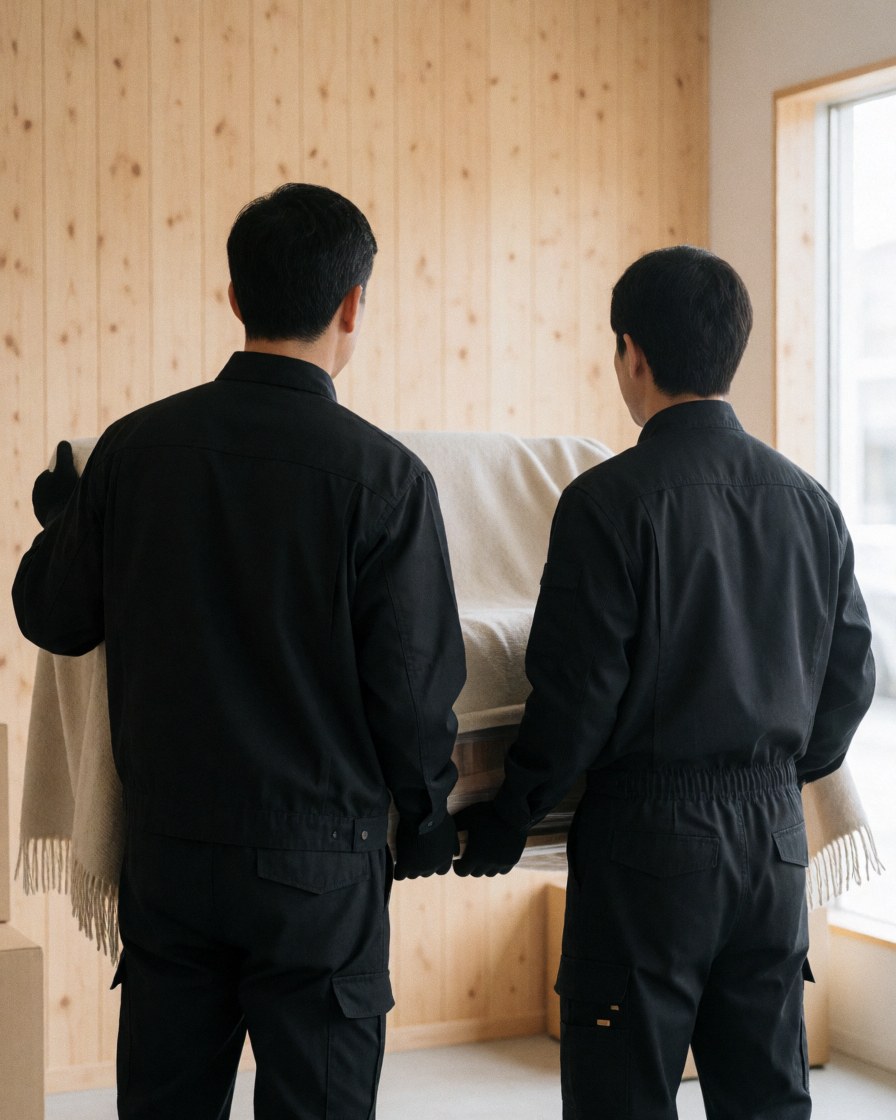 Two workers in black clothing move a wrapped piece of furniture in a room with wooden walls and natural light, demonstrating professional moving service.