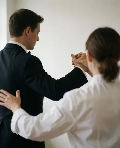 A tango student practices a movement with an instructor in a white room, hands linked and wearing formal attire, demonstrating dance discipline.