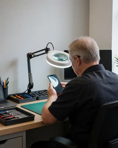 Electronics repair technician closely examining a mobile device using a magnifying glass while working at a clean, organized desk.