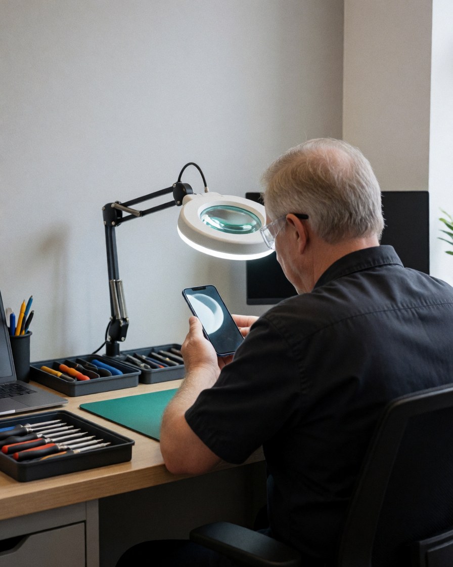 Electronics repair technician closely examining a mobile device using a magnifying glass while working at a clean, organized desk.