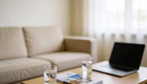 Beige sofa, wooden table, water glasses, and laptop in a bright reception area, ideal for cervical massage text overlay