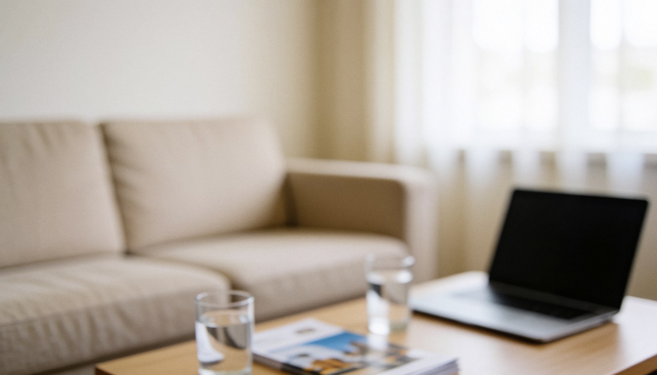 Beige sofa, wooden table, water glasses, and laptop in a bright reception area, ideal for cervical massage text overlay