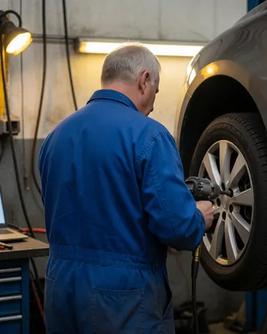 Mechanic in workshop adjusting tire with pneumatic tool, yellow light and concrete wall