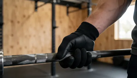 Close-up of a hand wearing a black glove gripping a weight bar in a gym with wooden walls