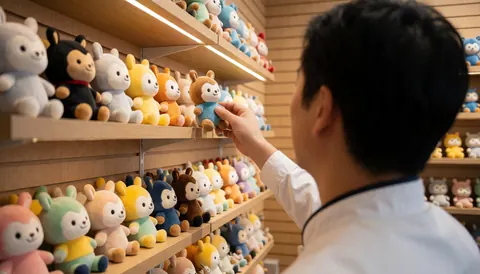 A person from behind choosing a stuffed animal in a toy shop with colorful shelves under warm lighting