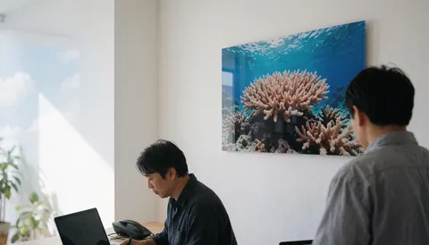 Minimalist office featuring a coral reef wall print, with a person working on a laptop under natural light from a window.