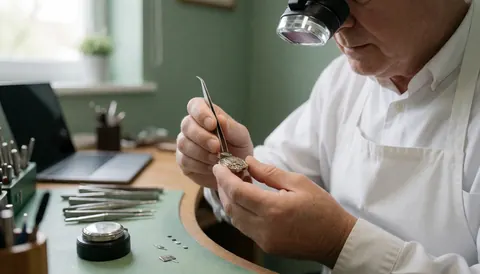 Watchmaker adjusting a watch with tweezers and a magnifier in a workshop with green walls and organized tools