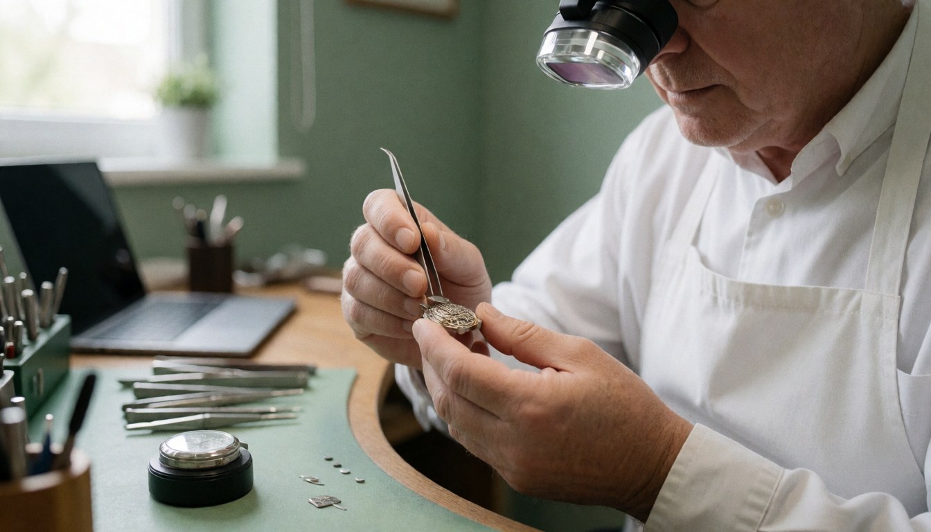 Watchmaker adjusting a watch with tweezers and a magnifier in a workshop with green walls and organized tools